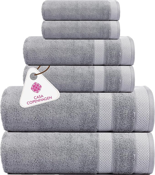 CASA COPENHAGEN Solitaire 6 Pieces Towel Set- Grey Violet, 600 GSM 2 Bath Towel 2 Hand Towel 2 Washcloth, Designed in Denmark Made of Soft Egyptian Cotton for Bathroom, Kitchen & Shower