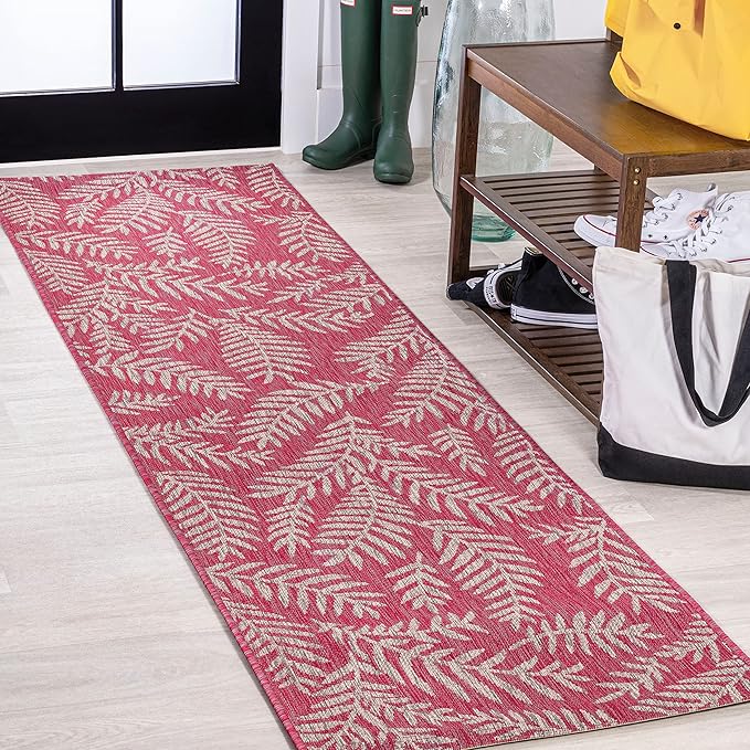 JONATHAN Y Palm Frond Indoor Outdoor Runner Rug 2X8 Fuchsia/Light Gray, Nevis for Backyard, Patio, Porch, Easy-Cleaning, High Traffic, Pet-Friendly, Non-Shedding (SMB119F-28)