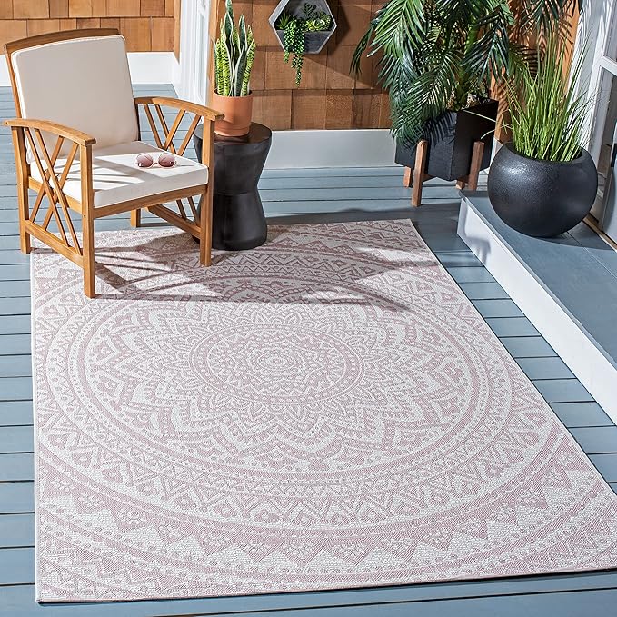 SAFAVIEH Washable Rug Outdoor Courtyard Collection - 9' x 12', Ivory & Soft Pink, Non-Shedding & Easy Cleaning, Ideal for Patio, Backyard, Mudroom (CY8734-56212)