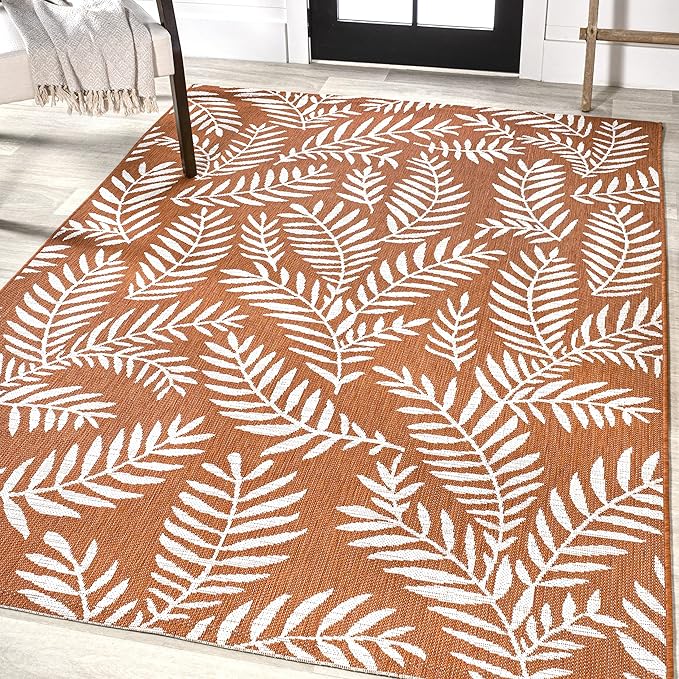 JONATHAN Y Palm Frond Indoor Outdoor Area Rug 8X10 Orange/Cream, Nevis for Backyard, Patio, Porch, Easy-Cleaning, High Traffic, Pet-Friendly, Non-Shedding (SMB119E-8)