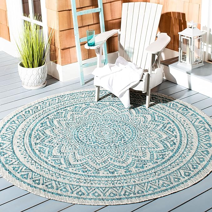 SAFAVIEH Washable Rug Outdoor Courtyard Collection - 5'3" Round, Light Grey & Teal, Non-Shedding & Easy Cleaning, Ideal for Patio, Backyard, Mudroom (CY8734-37212)