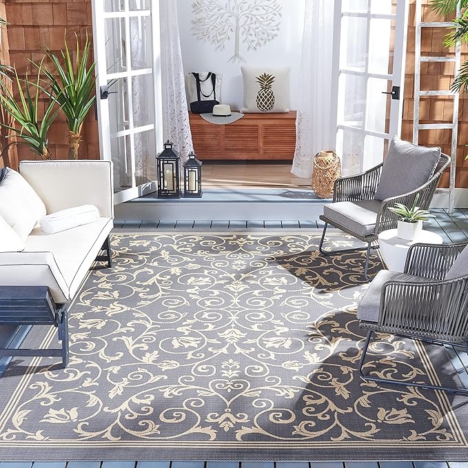 SAFAVIEH Washable Rug Outdoor Courtyard Collection - 7'10" Square, Grey & Natural, Non-Shedding & Easy Cleaning, Ideal for Patio, Backyard, Mudroom (CY2098-3606)