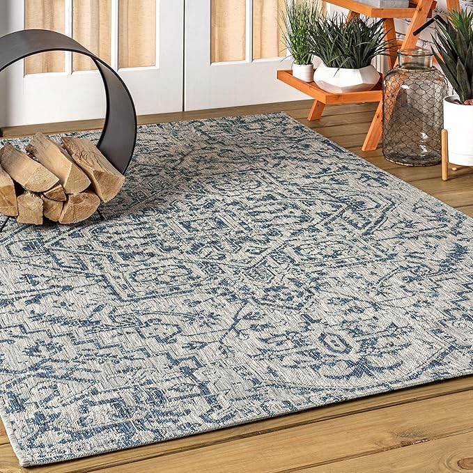 JONATHAN Y Boho Medallion Indoor Outdoor Area Rug 8X10 Navy/Gray, Estrella Textured Weave for Backyard, Patio, Porch, Easy-Cleaning, High Traffic, Pet-Friendly, Non-Shedding (SMB105B-8)