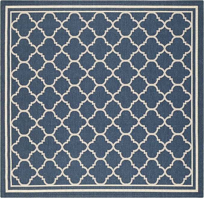 SAFAVIEH Washable Rug Outdoor Courtyard Collection - 7'10" Square, Navy & Beige, Non-Shedding & Easy Cleaning, Ideal for Patio, Backyard, Mudroom (CY6918-268)