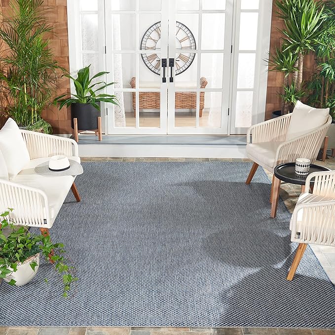 SAFAVIEH Washable Rug Outdoor Courtyard Collection - 11' x 15', Navy & Grey, Non-Shedding & Easy Cleaning, Ideal for Patio, Backyard, Mudroom (CY8521-36821)