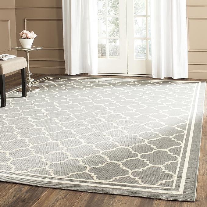 SAFAVIEH Washable Rug Outdoor Courtyard Collection - 7'10" Square, Anthracite & Beige, Non-Shedding & Easy Cleaning, Ideal for Patio, Backyard, Mudroom (CY6918-246)