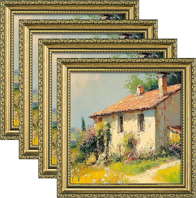 eletecpro 8x8 Picture Frames Set of 4, Vintage Photo Frame with Glass, 8 x 8 Gold Frames Display 4x4 Photo with Mat or 8x8 without Mat for Tabletop or Wall Decor, Gold