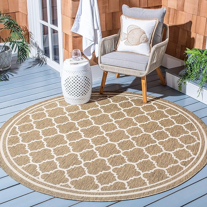 SAFAVIEH Washable Rug Outdoor Courtyard Collection - 6'7" Round, Brown & Bone, Non-Shedding & Easy Cleaning, Ideal for Patio, Backyard, Mudroom (CY6918-242)