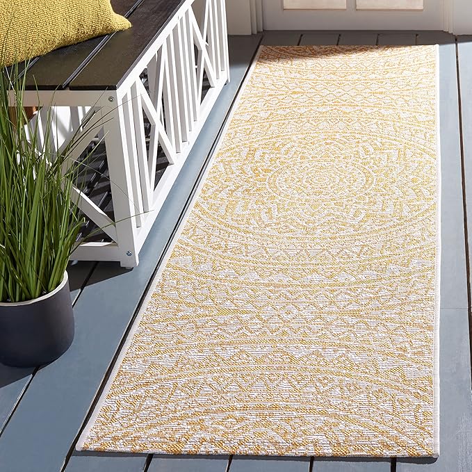 SAFAVIEH Washable Rug Outdoor Courtyard Collection - 2'3" x 8' Runner, Ivory & Gold, Non-Shedding & Easy Cleaning, Ideal for Patio, Entryway, Mudroom, Hallway, Kitchen (CY8734-56012)