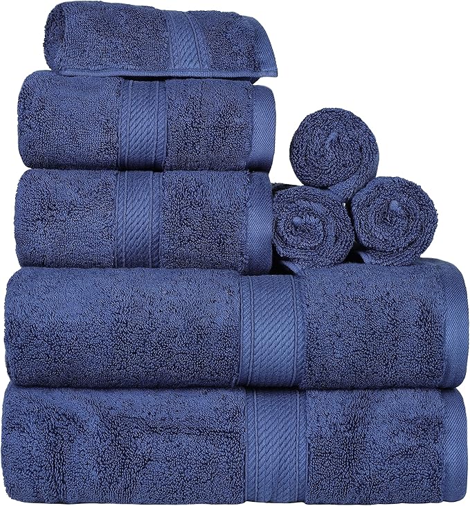 BLUENILEMILLS Madison Egyptian Cotton Towels, Towel Set for Bathroom, Shower, Hotel, Plush, 900 GSM, Highly Absorbent and Ultra-Soft Towels, Bath Essentials, 8 Piece Assorted Towel Set, Navy Blue