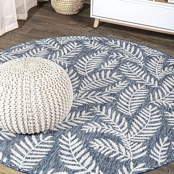 JONATHAN Y Palm Frond Indoor Outdoor Round Area Rug 3 Ft Navy/Ivory, Nevis for Backyard, Patio, Porch, Easy-Cleaning, High Traffic, Pet-Friendly, Non-Shedding (SMB119B-3R)