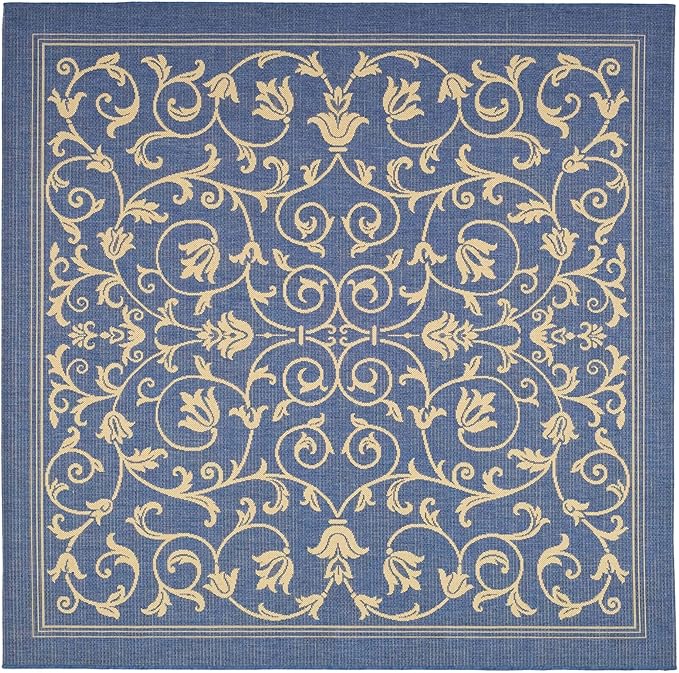 SAFAVIEH Washable Rug Outdoor Courtyard Collection - 6'7" Square, Blue & Natural, Non-Shedding & Easy Cleaning, Ideal for Patio, Backyard, Mudroom (CY2098-3103)