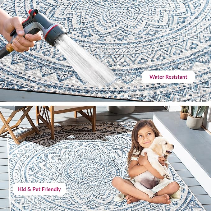 SAFAVIEH Washable Rug Outdoor Courtyard Collection - 5'3" x 7'7", Ivory & Navy, Non-Shedding & Easy Cleaning, Ideal for Patio, Backyard, Mudroom (CY8734-53412)