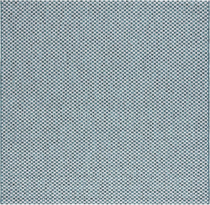 SAFAVIEH Washable Rug Outdoor Courtyard Collection - 7'10" Square, Turquoise & Light Grey, Non-Shedding & Easy Cleaning, Ideal for Patio, Backyard, Mudroom (CY8653-37221)