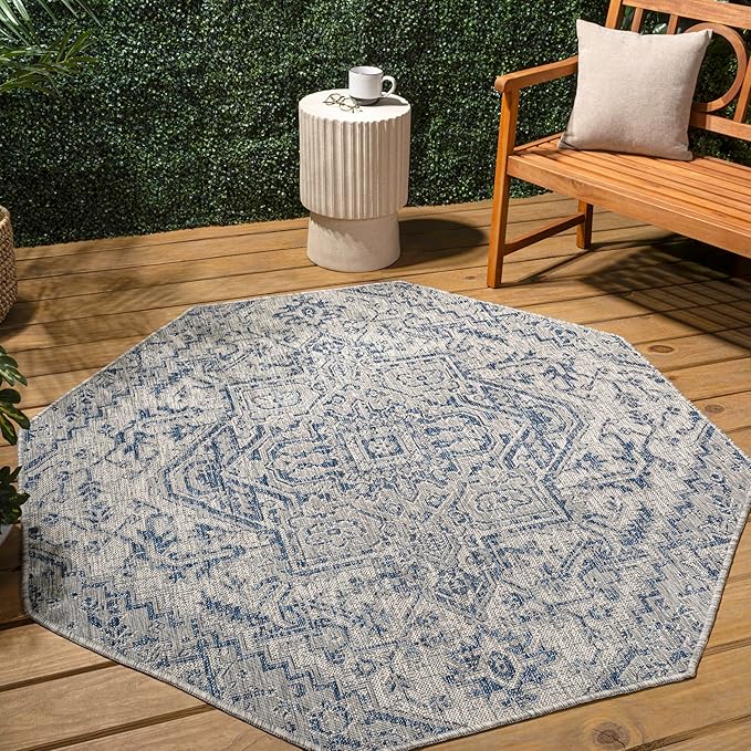 JONATHAN Y Boho Medallion Indoor Outdoor Octagon Area Rug 8 Ft Navy/Gray, Estrella Textured Weave for Backyard, Patio, Porch, Easy-Cleaning, High Traffic, Pet-Friendly, Non-Shedding (SMB105B-8TGN)