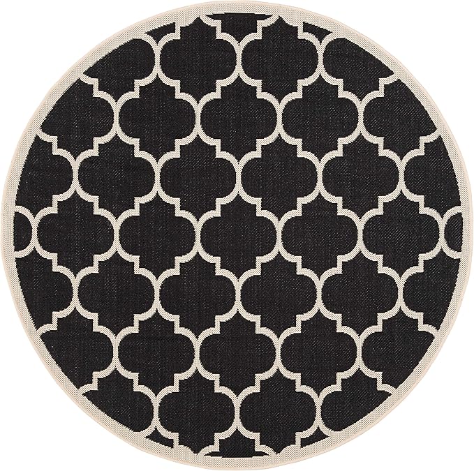 SAFAVIEH Washable Rug Outdoor Courtyard Collection - 5'3" Round, Black & Beige, Non-Shedding & Easy Cleaning, Ideal for Patio, Backyard, Mudroom (CY6914-266)