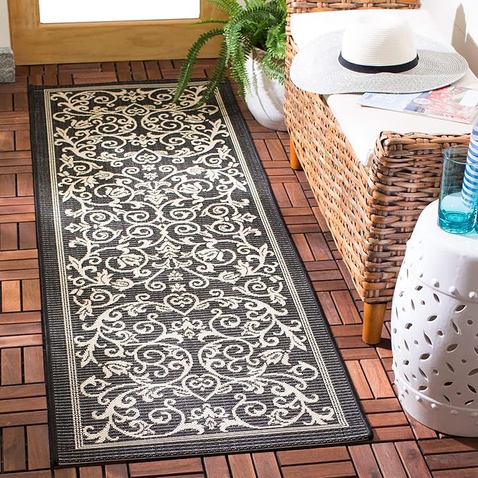 SAFAVIEH Washable Rug Outdoor Courtyard Collection - 6'7" Square, Natural & Brown, Non-Shedding & Easy Cleaning, Ideal for Patio, Backyard, Mudroom (CY2098-3001)