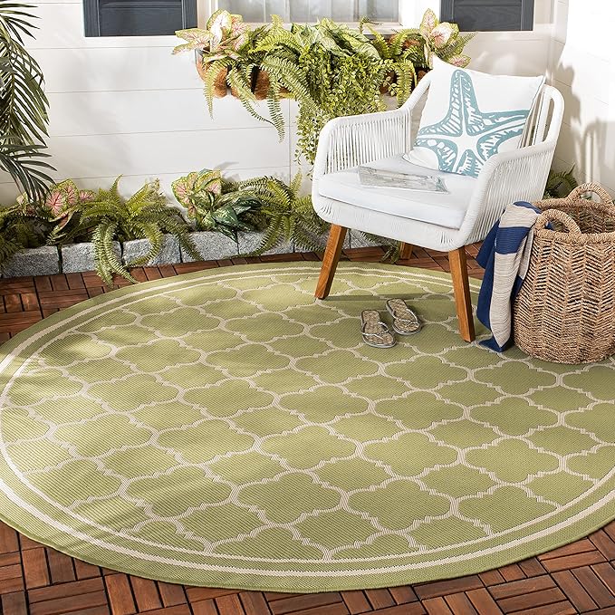 SAFAVIEH Courtyard Collection 4' Round Green/Beige CY6918 Trellis Indoor/ Outdoor Splashproof Easy Scrubbing Patio Backyard Mudroom Area Rug