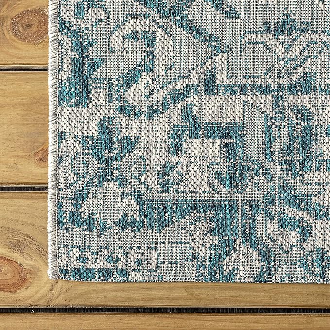 JONATHAN Y Boho Medallion Indoor Outdoor Square Area Rug 5X5 Teal/Gray, Estrella Textured Weave for Backyard, Patio, Porch, Easy-Cleaning, High Traffic, Pet-Friendly, Non-Shedding (SMB105C-5SQ)