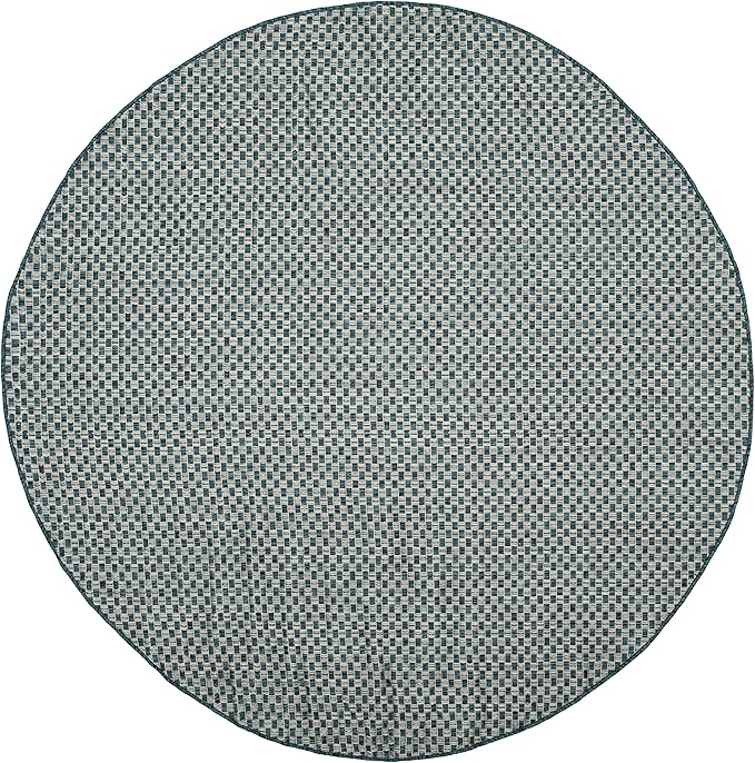 SAFAVIEH Washable Rug Outdoor Courtyard Collection - 6'7" Round, Turquoise & Light Grey, Non-Shedding & Easy Cleaning, Ideal for Patio, Backyard, Mudroom (CY8653-37221)