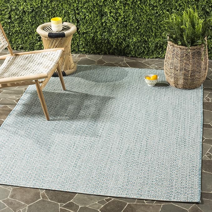 SAFAVIEH Washable Rug Outdoor Courtyard Collection - 6'7" Square, Light Blue & Light Grey, Non-Shedding & Easy Cleaning, Ideal for Patio, Backyard, Mudroom (CY8653-37121)