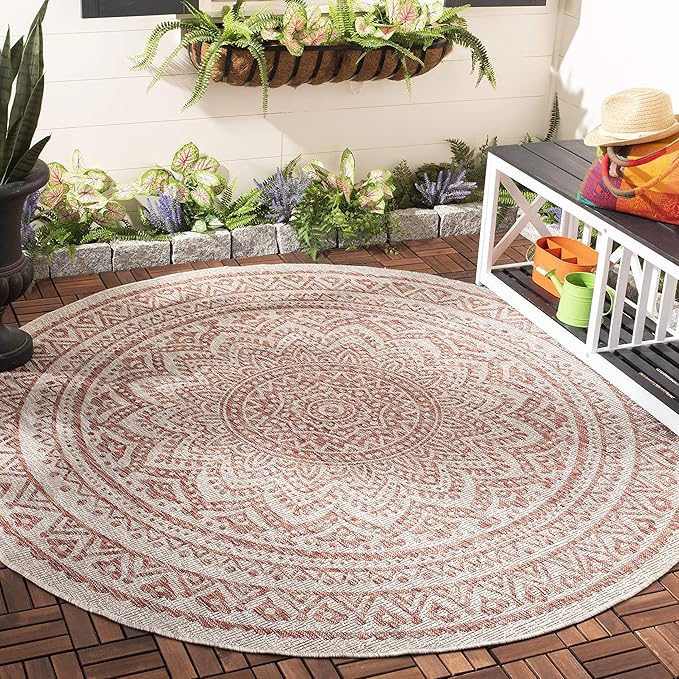 SAFAVIEH Courtyard Collection 9' Round Light Beige/Terracotta CY8734 Indoor/ Outdoor Waterproof Easy Cleaning Patio Backyard Mudroom Area Rug