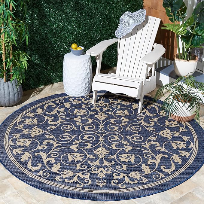 SAFAVIEH Washable Rug Outdoor Courtyard Collection - 6'7" Round, Navy & Beige, Non-Shedding & Easy Cleaning, Ideal for Patio, Backyard, Mudroom (CY2098-268)