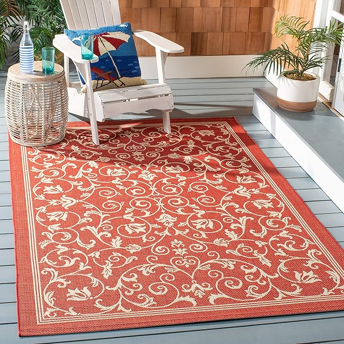 SAFAVIEH Washable Rug Outdoor Courtyard Collection - 5'3" x 7'7", Red & Natural, Non-Shedding & Easy Cleaning, Ideal for Patio, Backyard, Mudroom (CY2098-3707)