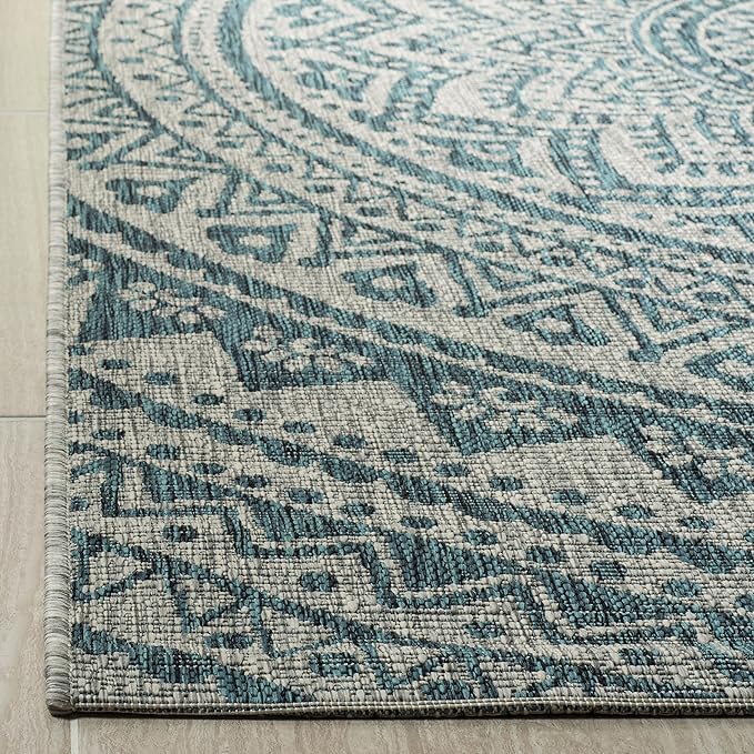 SAFAVIEH Washable Rug Outdoor Courtyard Collection - 2'7" x 5', Light Grey & Teal, Non-Shedding & Easy Cleaning, Ideal for Patio, Backyard, Mudroom (CY8734-37212)