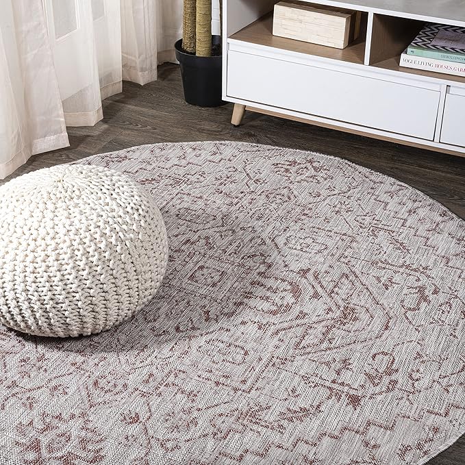 JONATHAN Y Boho Medallion Indoor Outdoor Round Area Rug 9 Ft Red/Taupe, Estrella Textured Weave for Backyard, Patio, Porch, Easy-Cleaning, High Traffic, Pet-Friendly, Non-Shedding (SMB105A-9R)