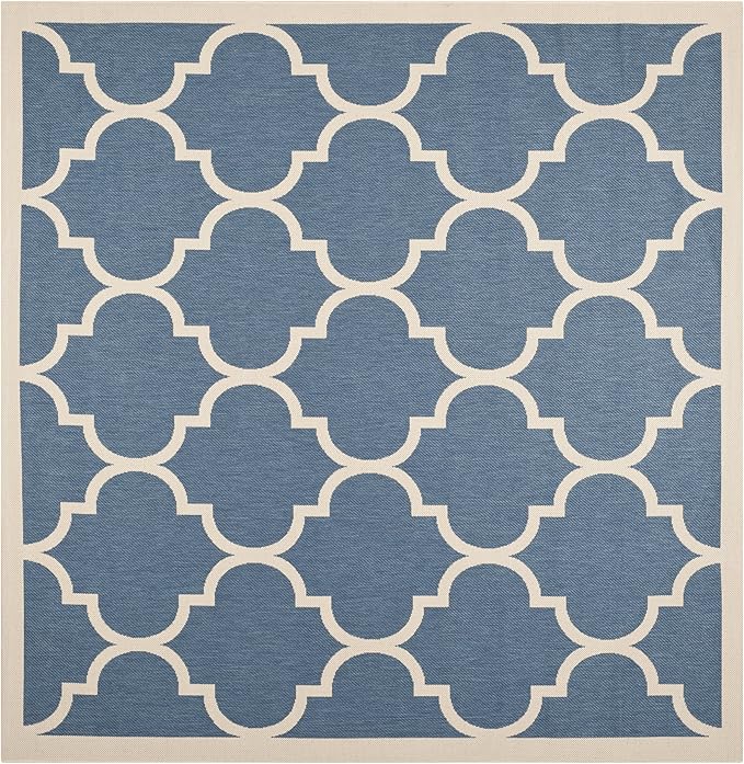 SAFAVIEH Washable Rug Outdoor Courtyard Collection - 7'10" Square, Blue & Beige, Non-Shedding & Easy Cleaning, Ideal for Patio, Backyard, Mudroom (CY6914-243)