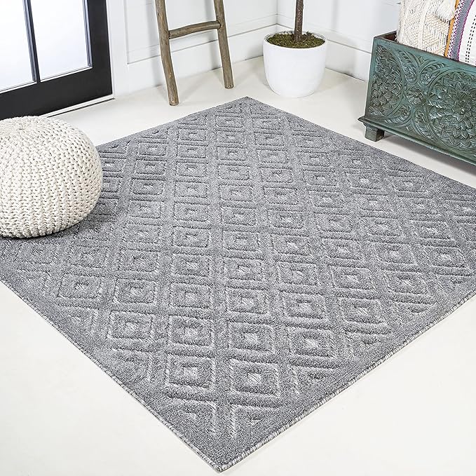 JONATHAN Y Diamond Trellis Indoor Outdoor Square Area Rug 5X5 Dark Gray, Portmany Neutral for Backyard, Patio, Porch, Easy-Cleaning, High Traffic, Pet-Friendly, Non-Shedding (IBZ104A-5SQ)