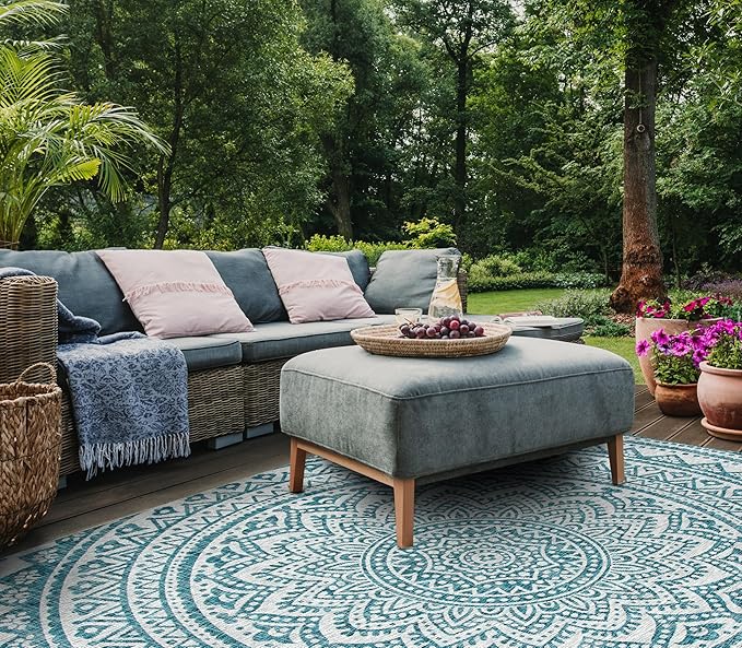 SAFAVIEH Washable Rug Outdoor Courtyard Collection - 9' x 12', Light Grey & Teal, Non-Shedding & Easy Cleaning, Ideal for Patio, Backyard, Mudroom (CY8734-37212)