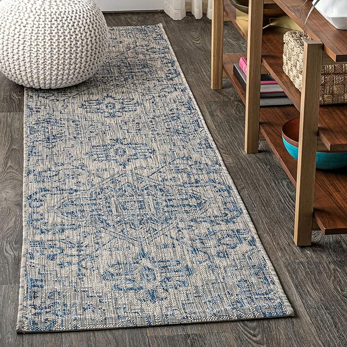 JONATHAN Y Boho Medallion Indoor Outdoor Runner Rug 2X8 Navy/Gray, Estrella Textured Weave for Backyard, Patio, Porch, Easy-Cleaning, High Traffic, Pet-Friendly, Non-Shedding (SMB105B-28)