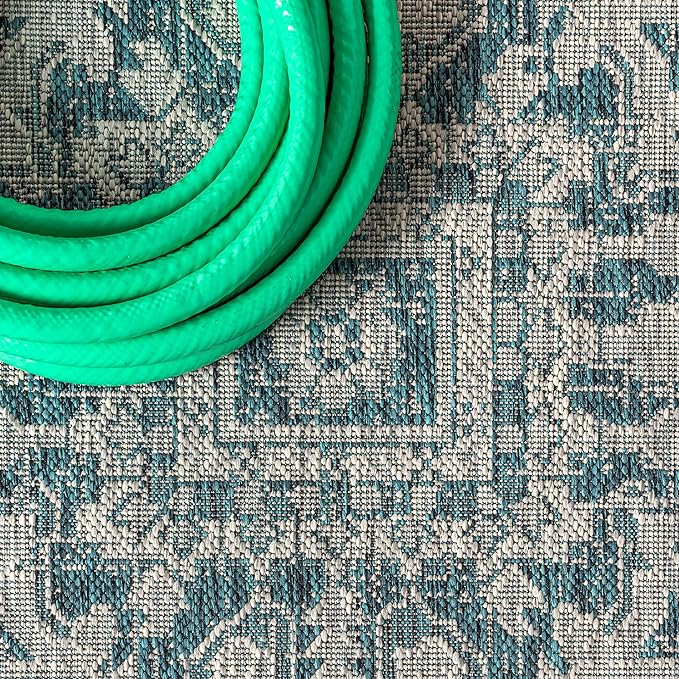 JONATHAN Y Boho Medallion Indoor Outdoor Square Area Rug 5X5 Teal/Gray, Estrella Textured Weave for Backyard, Patio, Porch, Easy-Cleaning, High Traffic, Pet-Friendly, Non-Shedding (SMB105C-5SQ)