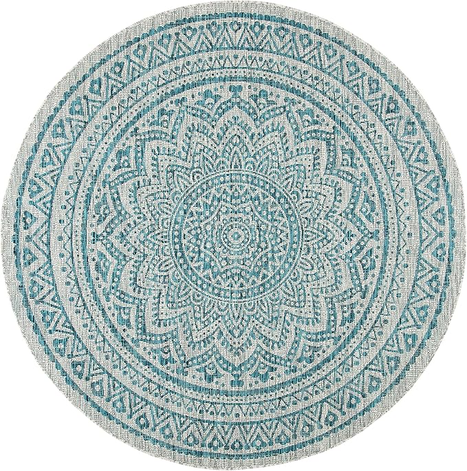 SAFAVIEH Washable Rug Outdoor Courtyard Collection - 5'3" Round, Light Grey & Teal, Non-Shedding & Easy Cleaning, Ideal for Patio, Backyard, Mudroom (CY8734-37212)