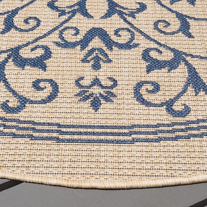SAFAVIEH Washable Rug Outdoor Courtyard Collection - 7'10" Round, Natural & Blue, Non-Shedding & Easy Cleaning, Ideal for Patio, Backyard, Mudroom (CY2098-3101)