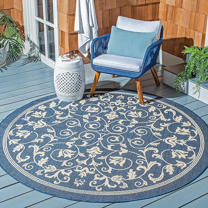 SAFAVIEH Courtyard Collection 4' Round Navy/Beige CY2098 Scroll Indoor/ Outdoor Waterproof Easy Cleaning Patio Backyard Mudroom Area Rug