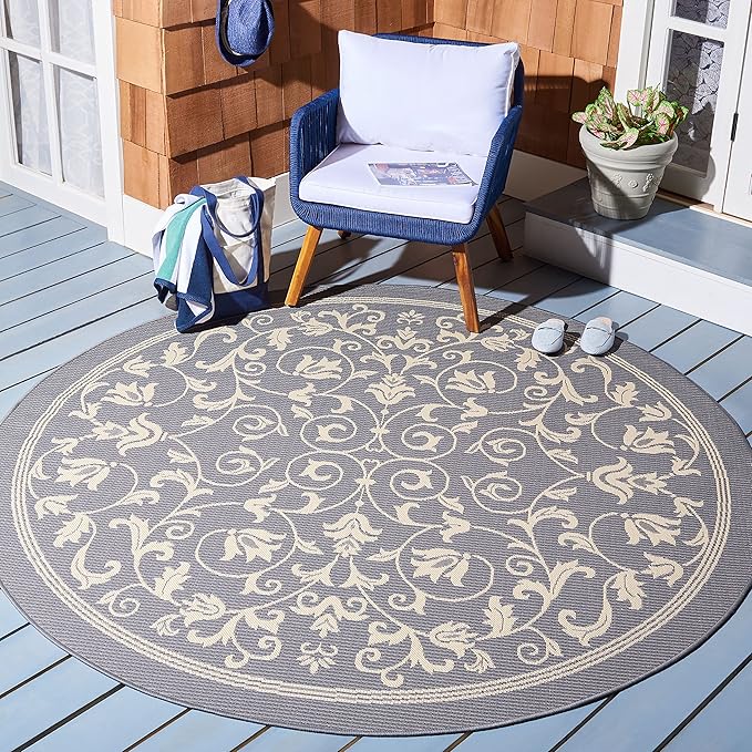 SAFAVIEH Washable Rug Outdoor Courtyard Collection - 7'10" Round, Grey & Natural, Non-Shedding & Easy Cleaning, Ideal for Patio, Backyard, Mudroom (CY2098-3606)