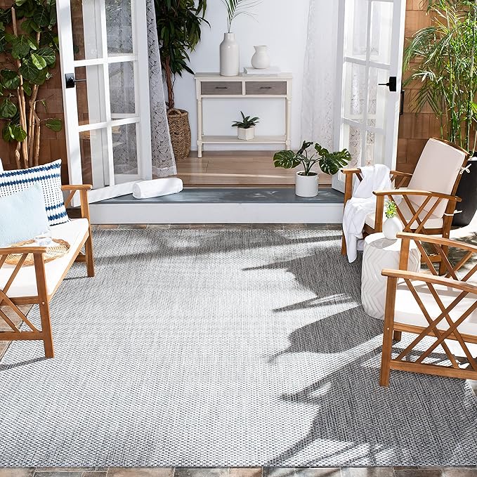 SAFAVIEH Washable Rug Outdoor Courtyard Collection - 9' Square, Grey & Navy, Non-Shedding & Easy Cleaning, Ideal for Patio, Backyard, Mudroom (CY8521-36812)