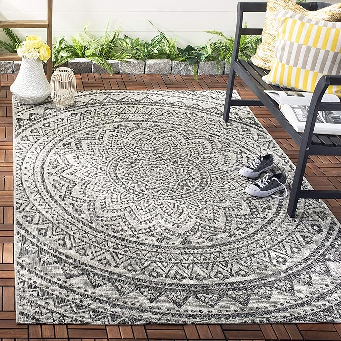 SAFAVIEH Washable Rug Outdoor Courtyard Collection - 2'7" x 5', Light Grey & Black, Non-Shedding & Easy Cleaning, Ideal for Patio, Backyard, Mudroom (CY8734-37612)