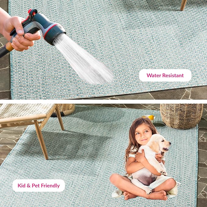 SAFAVIEH Washable Rug Outdoor Courtyard Collection - 5'3" x 7'7", Light Blue & Light Grey, Non-Shedding & Easy Cleaning, Ideal for Patio, Backyard, Mudroom (CY8653-37121)