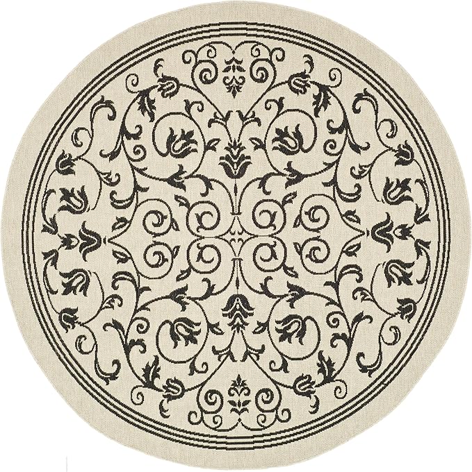 SAFAVIEH Washable Rug Outdoor Courtyard Collection - 5'3" Round, Sand & Black, Non-Shedding & Easy Cleaning, Ideal for Patio, Backyard, Mudroom (CY2098-3901)