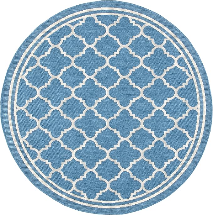 SAFAVIEH Washable Rug Outdoor Courtyard Collection - 7'10" Round, Blue & Beige, Non-Shedding & Easy Cleaning, Ideal for Patio, Backyard, Mudroom (CY6918-243)