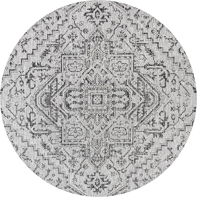 JONATHAN Y Boho Medallion Indoor Outdoor Round Area Rug 8 Ft Black/Gray, Estrella Textured Weave for Backyard, Patio, Porch, Easy-Cleaning, High Traffic, Pet-Friendly, Non-Shedding (SMB105D-8R)