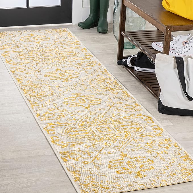 JONATHAN Y Boho Medallion Indoor Outdoor Runner Rug 2X8 Cream/Yellow, Estrella Textured Weave for Backyard, Patio, Porch, Easy-Cleaning, High Traffic, Pet-Friendly, Non-Shedding (SMB105H-28)