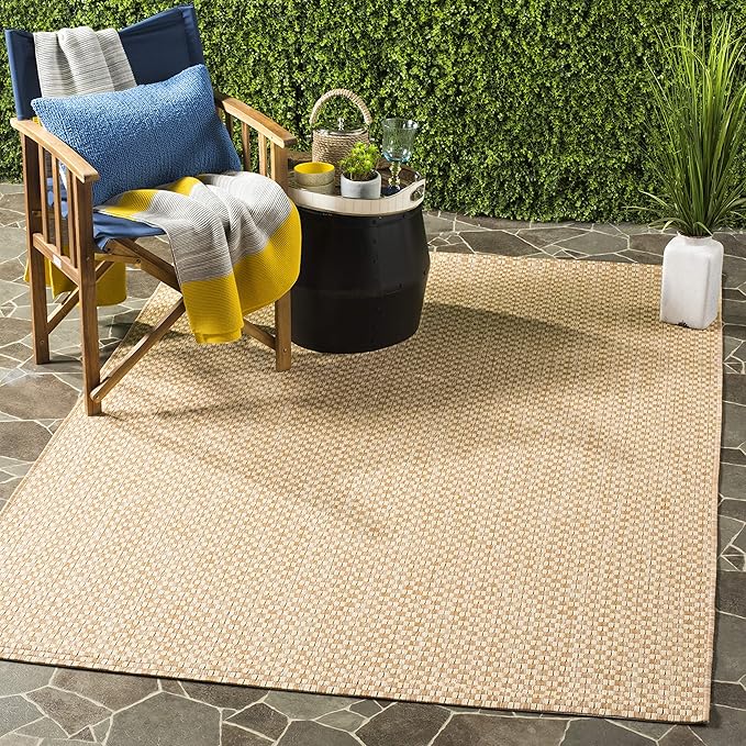 SAFAVIEH Washable Rug Outdoor Courtyard Collection - 7'10" Square, Natural & Cream, Non-Shedding & Easy Cleaning, Ideal for Patio, Backyard, Mudroom (CY8653-03021)