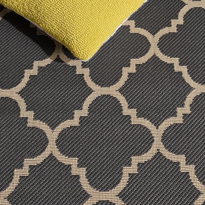 SAFAVIEH Washable Rug Outdoor Courtyard Collection - 5'3" Square, Anthracite & Beige, Non-Shedding & Easy Cleaning, Ideal for Patio, Backyard, Mudroom (CY6918-246)
