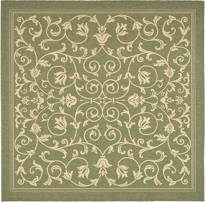 SAFAVIEH Washable Rug Outdoor Courtyard Collection - 4' Square, Olive & Natural, Non-Shedding & Easy Cleaning, Ideal for Patio, Backyard, Mudroom (CY2098-1E06)
