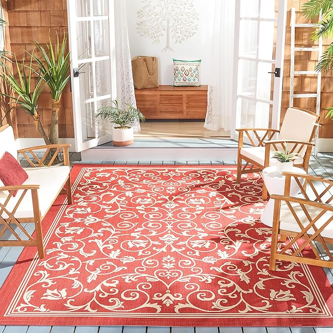 SAFAVIEH Washable Rug Outdoor Courtyard Collection - 9' x 12', Red & Natural, Non-Shedding & Easy Cleaning, Ideal for Patio, Backyard, Mudroom (CY2098-3707)